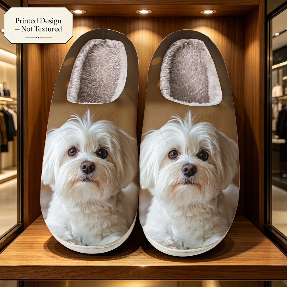 TEMU ["Design Imprimé - Non Texturé] Chaussons de Mode Mignons avec Impression de Chiot Blanc et Doux, Unisexe Toutes Saisons, Chaussons Confortables