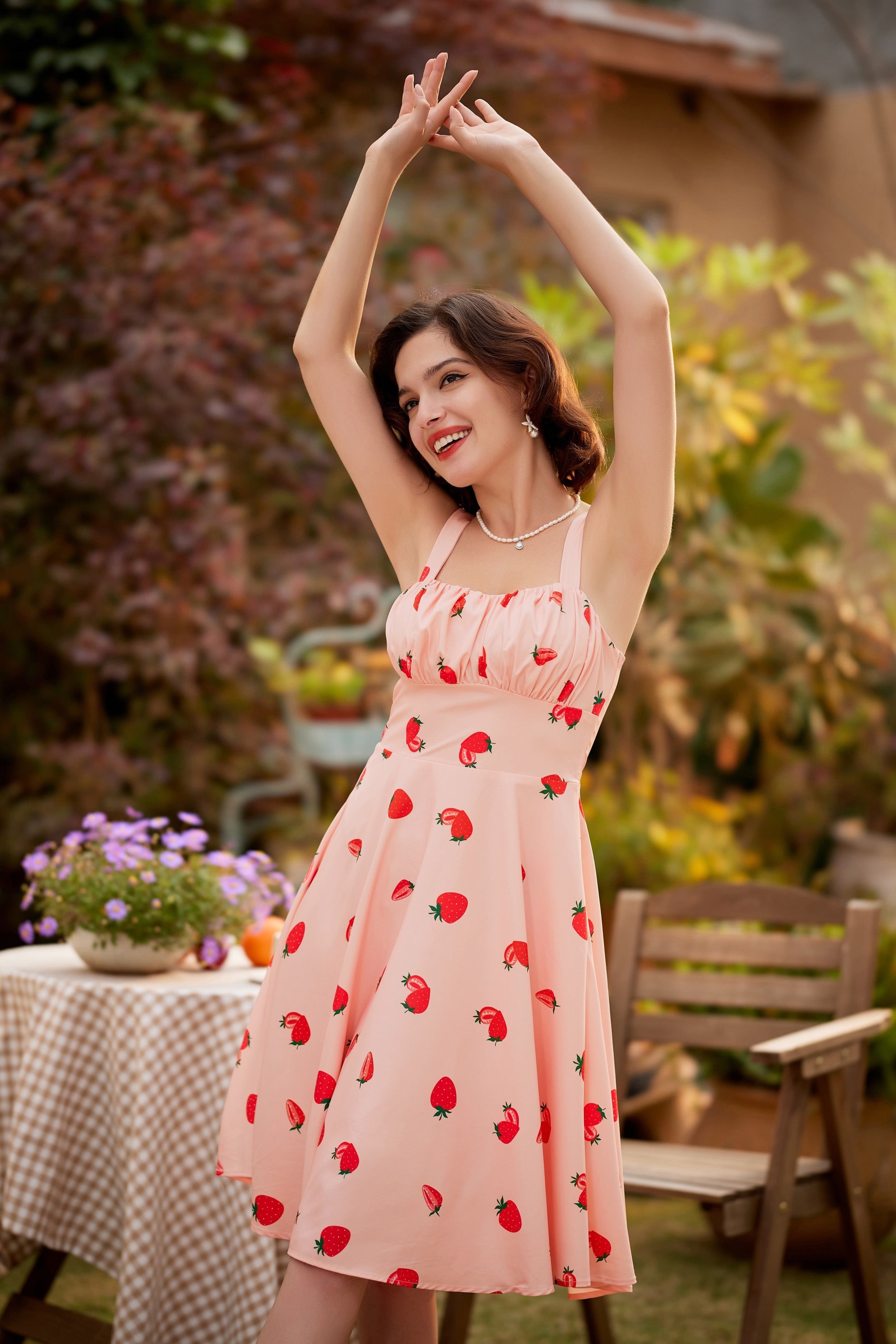 pink strawberry print dress Loop Mesh Semi Sheer Printed Babydoll Dress in Brown & Pink Strawberry Blossom