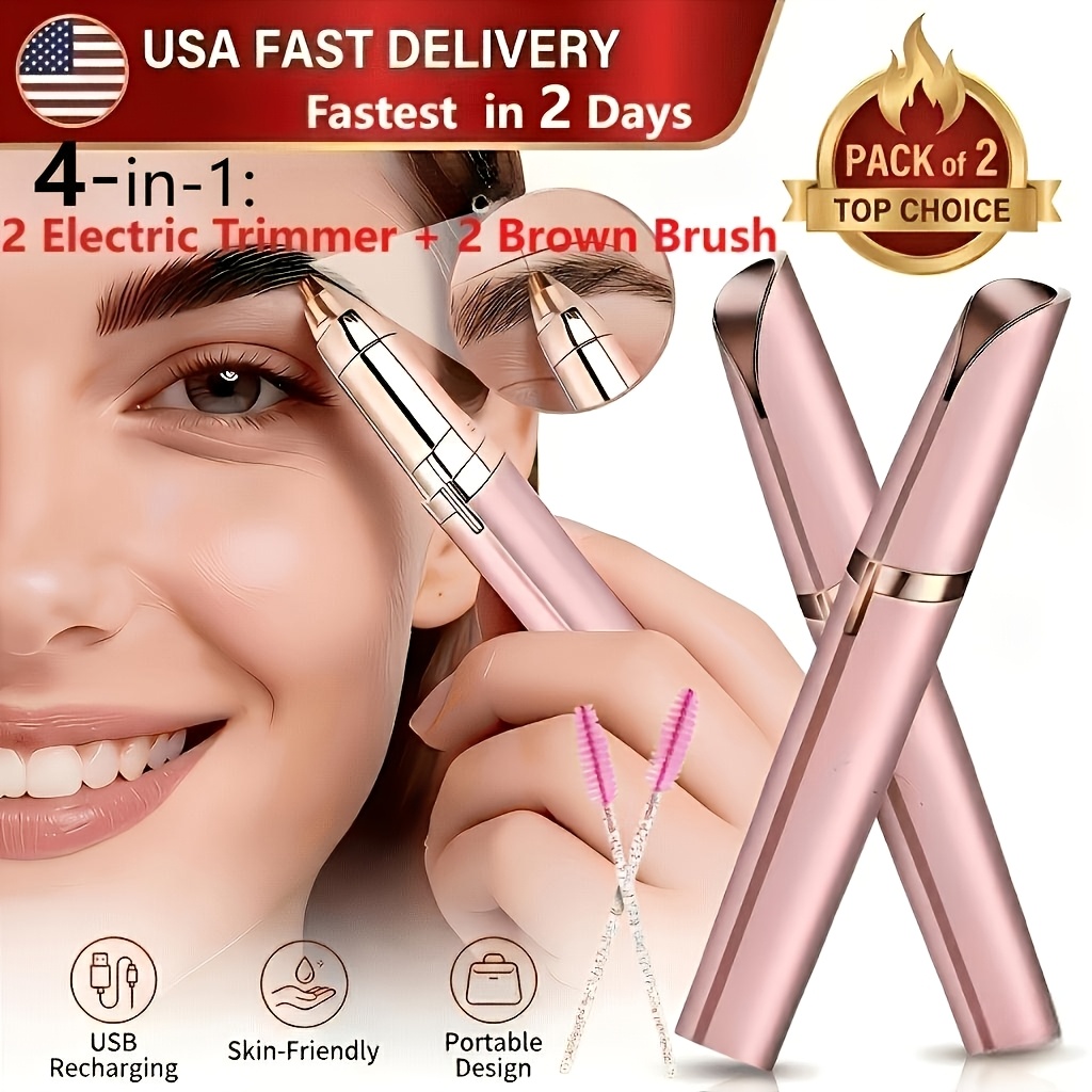 2 Pack USB Rechargeable Portable Electric Eyebrow Trimmer Pen for Women, Precision Eyebrow Hair Remover, Rose Golden