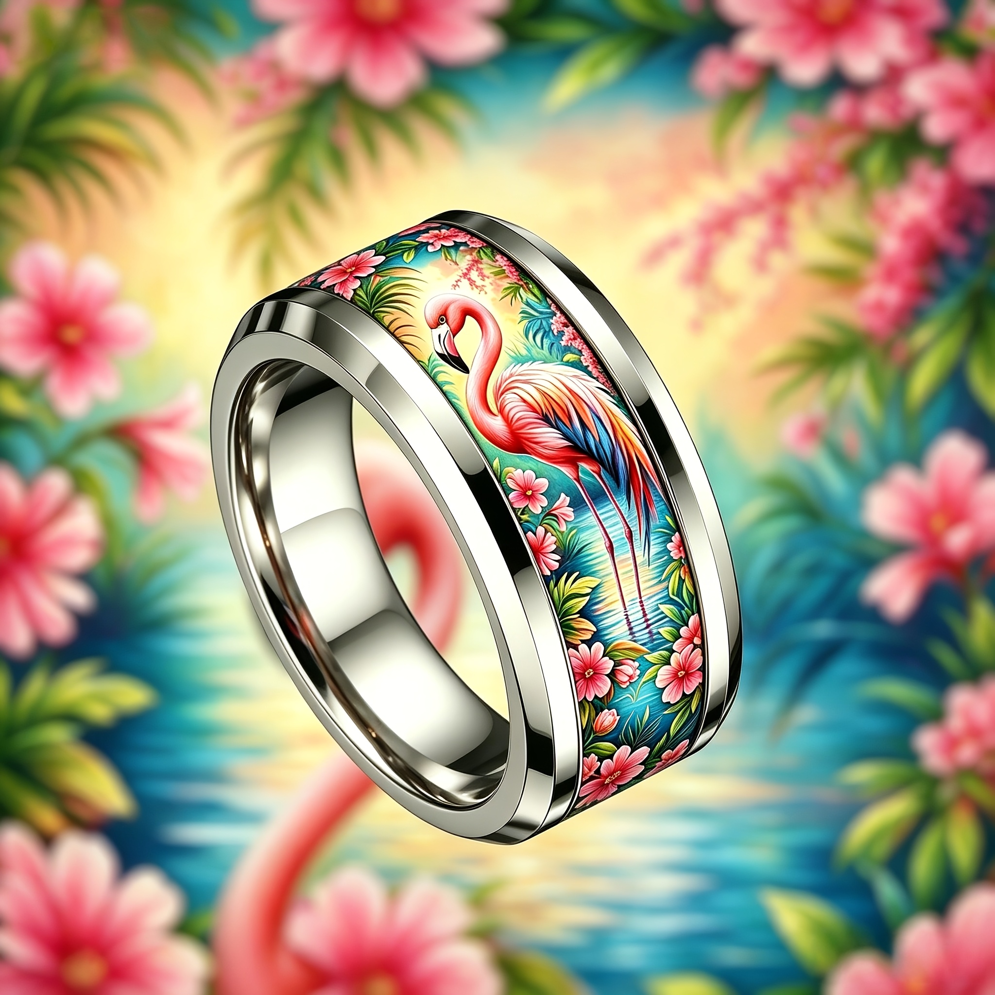 Women's Summer Tropical Flamingo Painted Stainless Steel Ring