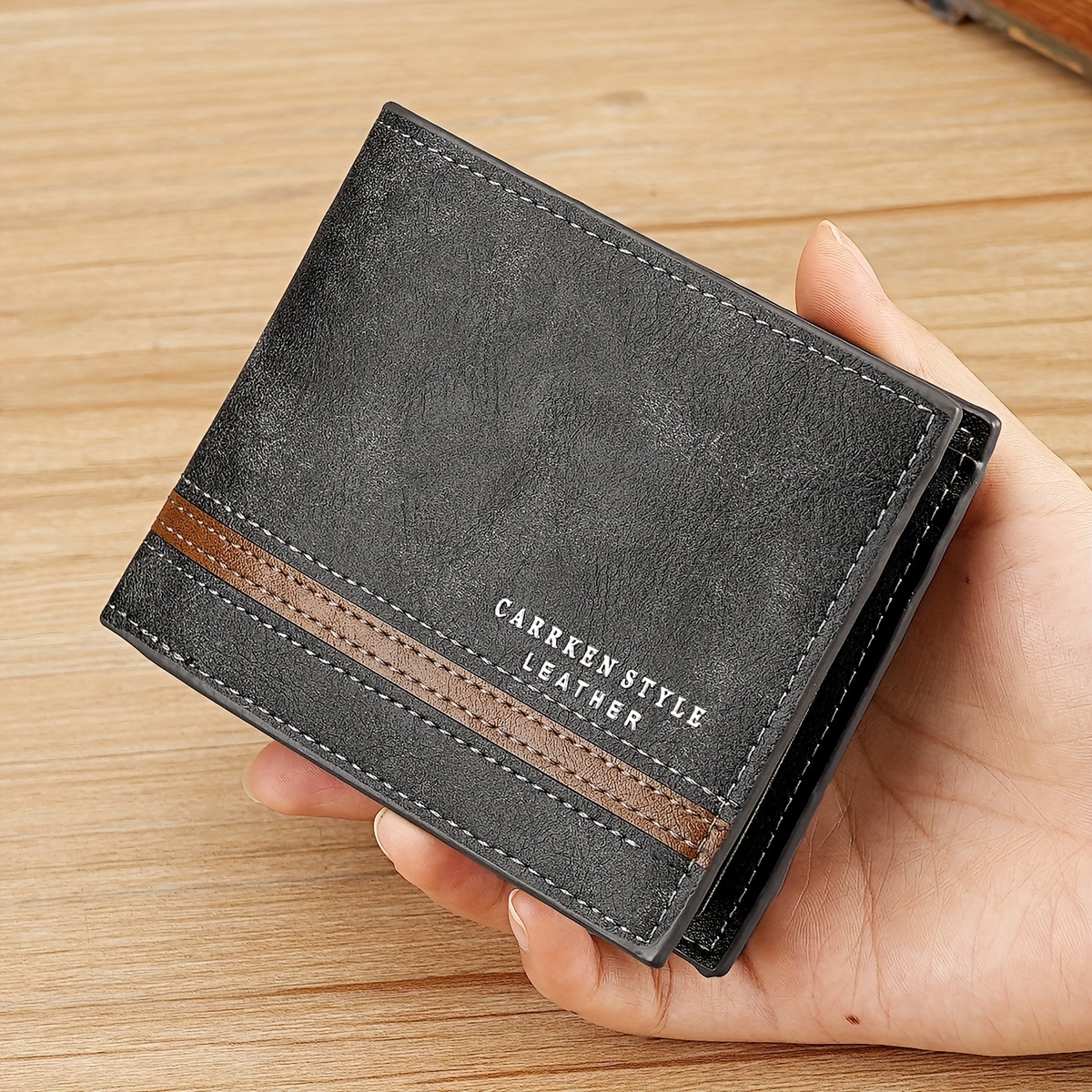 

1pc Carrken Men'-inspired Leather Bifold Wallet With Stitching Detail - Compact Multi-card Holder With Zippered Coin Pocket, Ideal Gift For Men, Chic Small Wallet