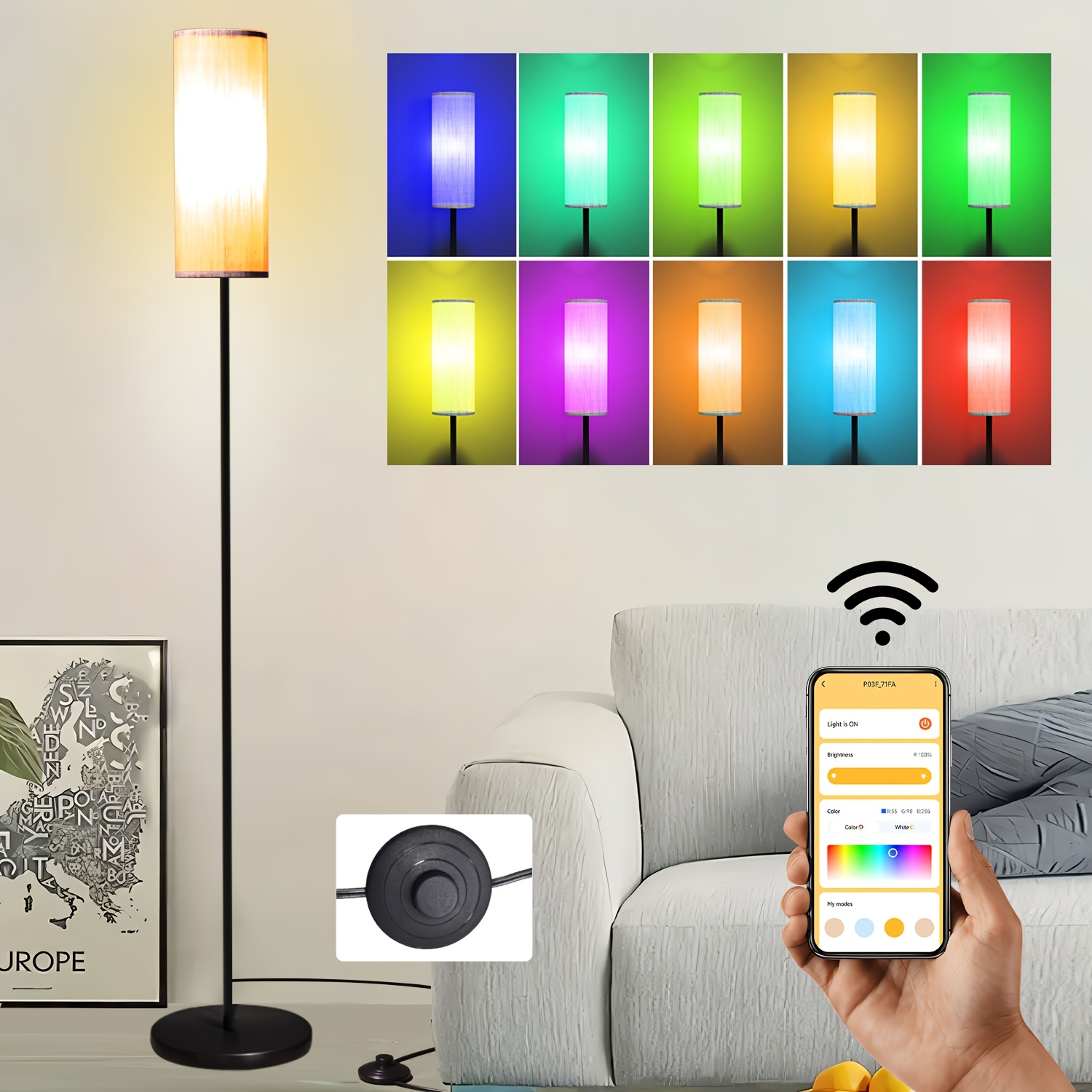 TEMU Rgb Floor Lamp With Soft Fabric Shade, Adjustable Wireless Controlled Standing Lamp, Ambient Mood Lighting, Indoor Decor Lamp For Study Room,