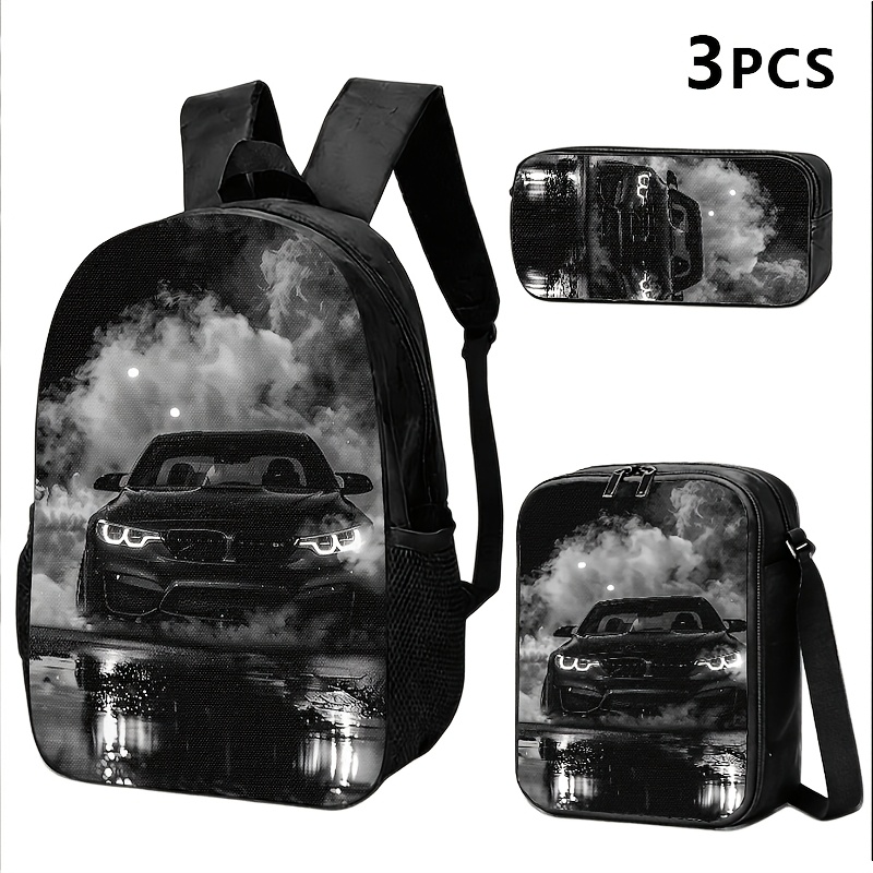 TEMU 1pc/2pcs/3pcs Backpack, Shoulder Bag, Pouch With Black-white High-performance Car In Smoke/ Design; Ideal For Urban Males, , Travelers.