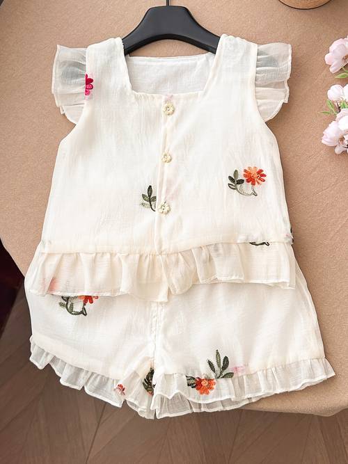 2pcs set of ethnic style embroidered puff sleeve tops and embroidered floral shorts casual fashion girls outfit for summer for outdoor