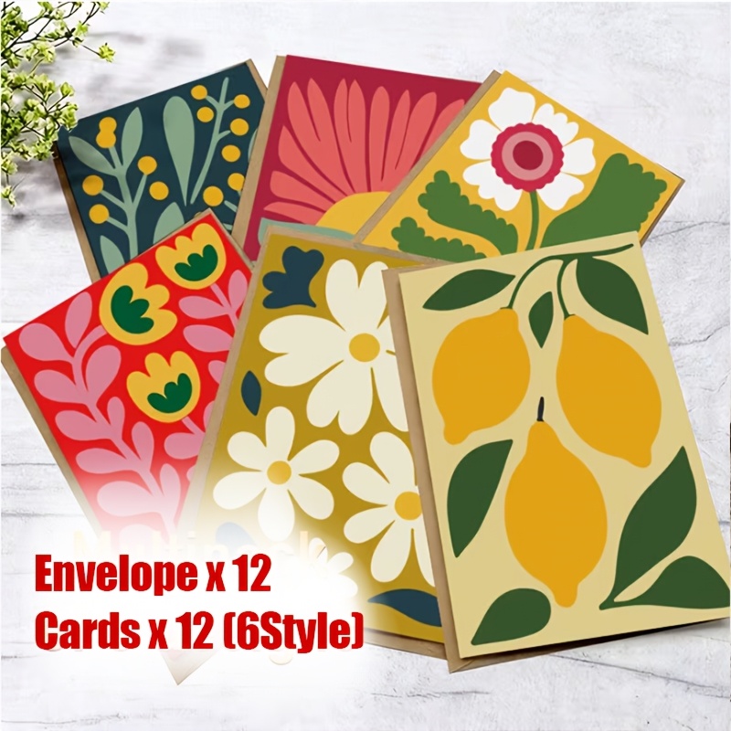 E-shop 12 Grußkarten + 12 Umschläge, 24-teiliges Karten-Set im böhmischen Blumendesign | Geeignet für Geburtstage, Hochzeiten, Beileid – Stilvolle