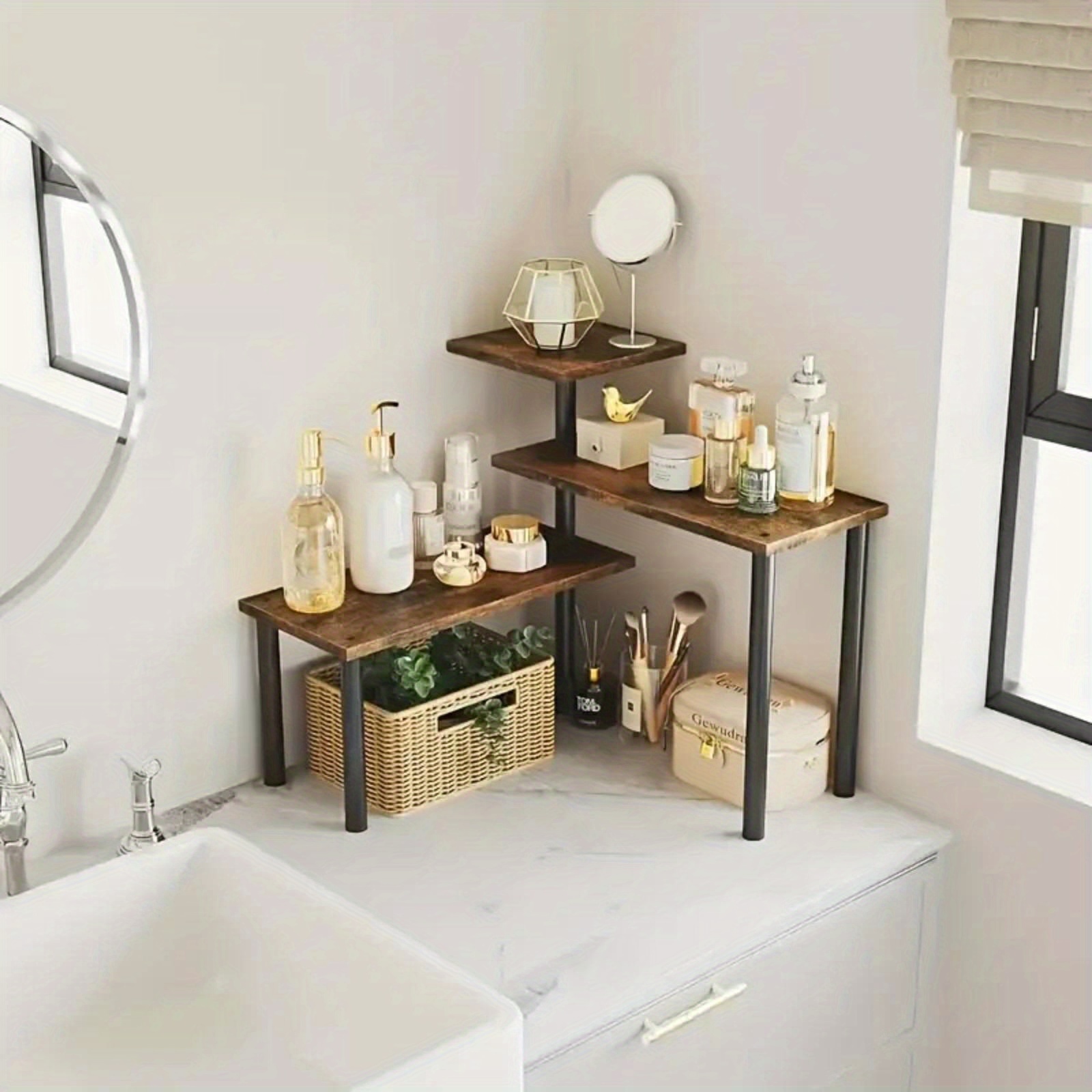 3-tier Cosmetics Vanity Storage Organizer | Adjustable Turning Corner Rack, Countertop Organizer, Wood Material, Suitable For Kitchen, Bathroom, Cabinet, Table, Coffee Bar, Shelves