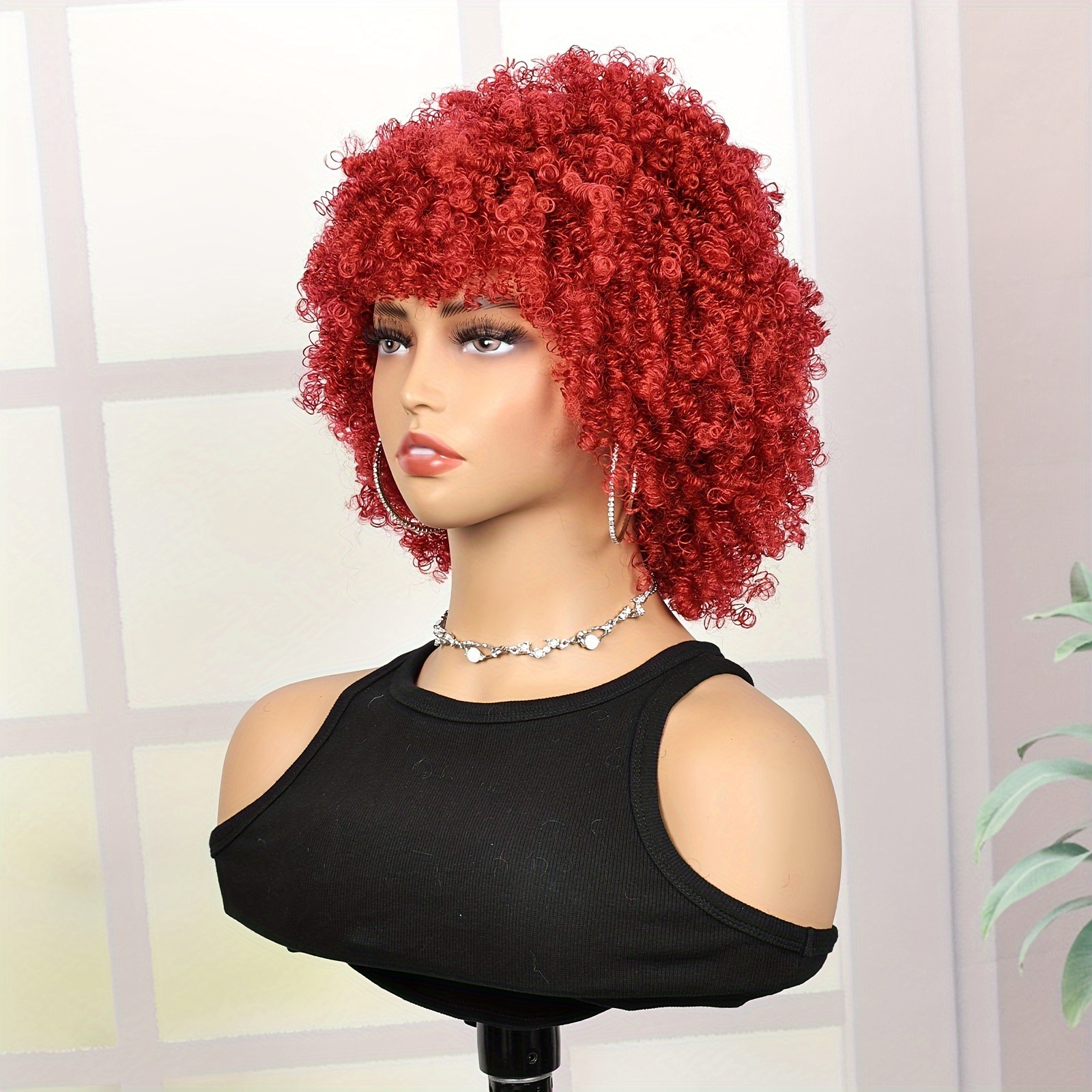 TEMU Afro Curly Synthetic Wig With Bangs Short Hair Bouncy Afro Kinky Fluffy Cosplay Party Synthetic Wig