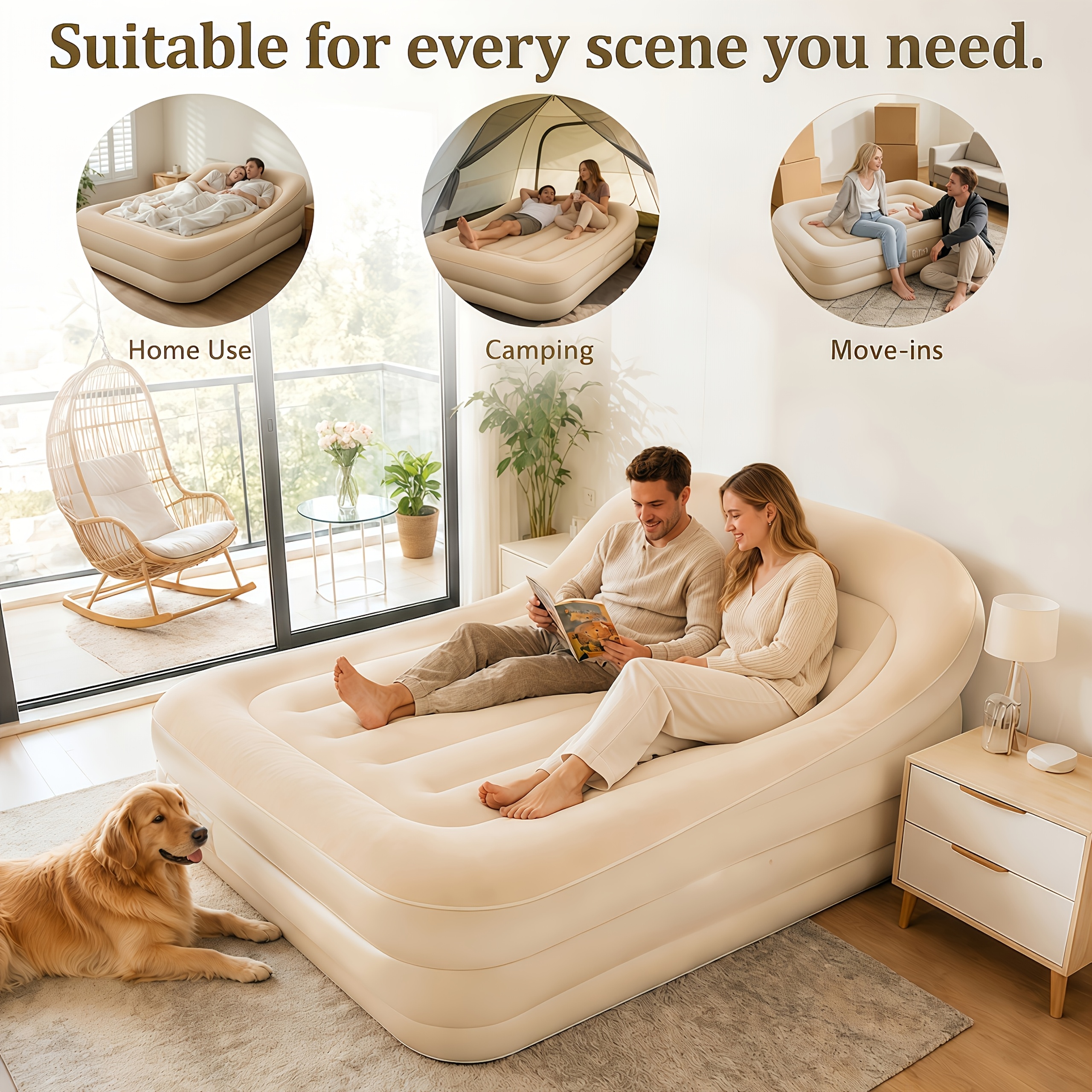 Luxuriöses 3-in-1 aufblasbares Sofa-Bett für Lounge, Sitzen und Schlafen, 249,48 kg robuste Luftmatratze mit integrierter Rückenlehne, tragbare Sonnenliege für Sommer-Camping im Freien, unverzichtbare