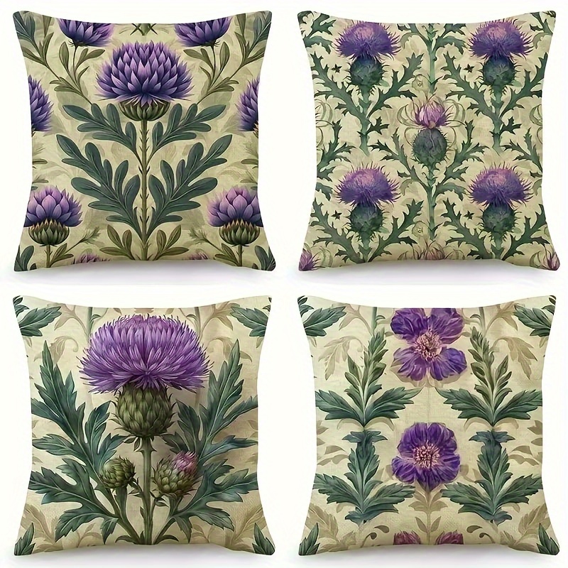 

4-pack Contemporary Watercolor Agastache And Thistle Pattern Throw Pillow Covers, 18x18 Inch, Hypoallergenic Polyester , Zipper Closure For Decor - Cushion Cases Only