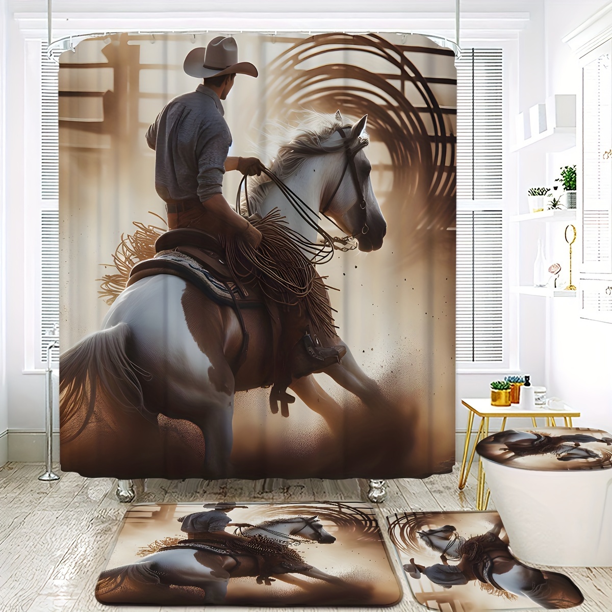 

Oil Painting Shower Curtain Set Bath Mat, Lid , U-shaped Rug - - Polyester - Includes 12 - Decor