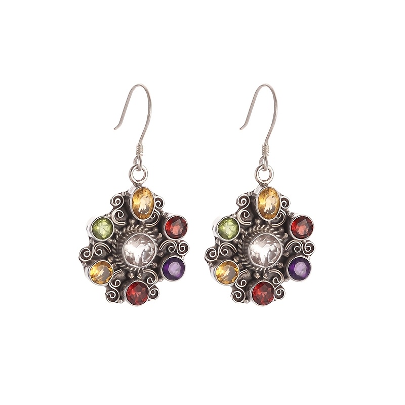 Image of A Pair Of Vintage Bohemian Style Earrings Featuring Colorful Floral Cubic Zirconia Pendants, Perfect For Women's Casual Beach Resort Jewelry