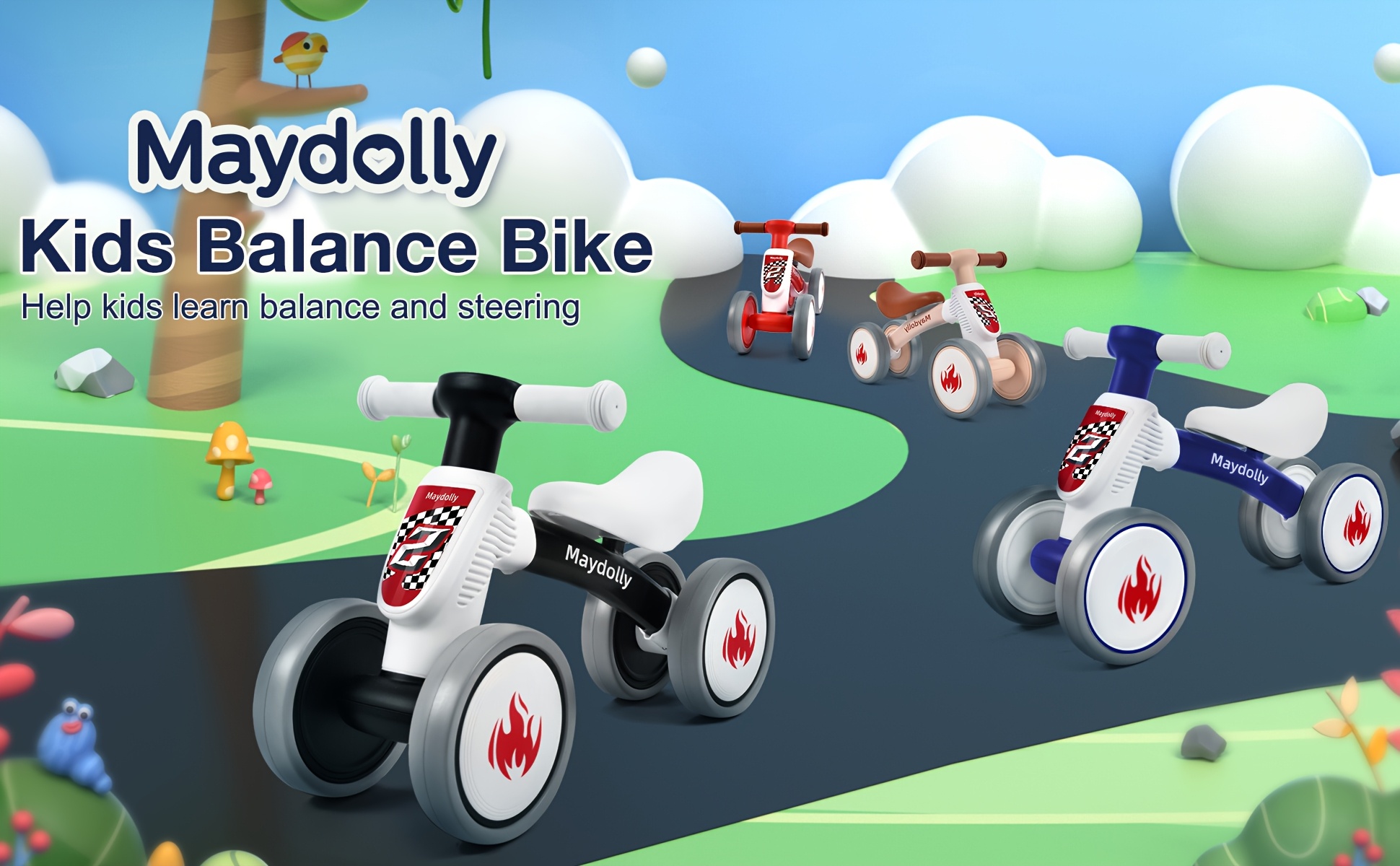 Maydolly Baby Balance Bike – No Pedal 4-Wheel Toddler Bike For 10-24 Months, Cute First Birthday Gift For 1-Year-Old Boys & Girls