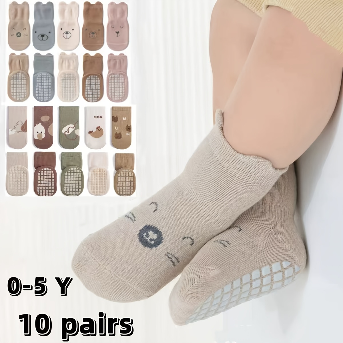 Image of 10 Pairs, Cute Animal Pattern Kids' Dot Anti-slip Floor Socks, Suitable For 0-5 Year Old Toddlers' Anti-slip Walking Socks, Boys And Girls Indoor Outdoor Activities, Baby's Socks, Wear
