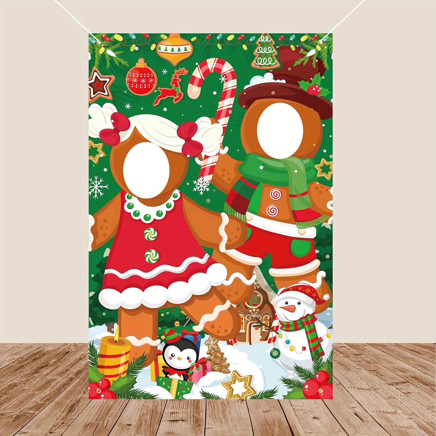 

Christmas Gingerbread Man & Woman Stand-in Photo Booth Prop, Vinyl Face Cutout Backdrop, 1.5x1m, Power-free Festive Holiday Decoration For Party & Photography