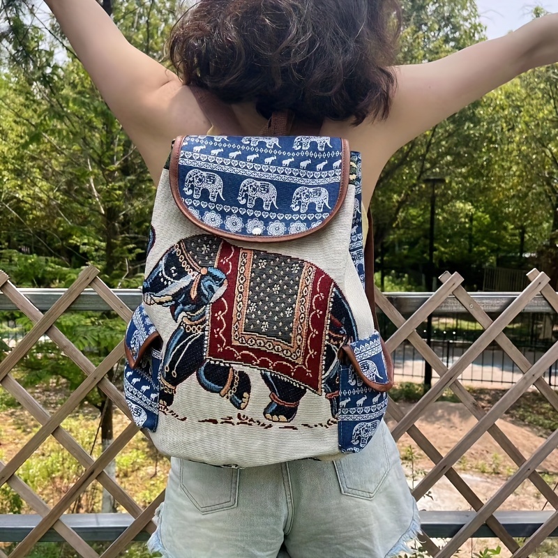 

Canvas Elephant Embroidery Backpack With Closure, Adjustable Shoulder Straps, Lightweight, Hand Washable - Ethnic Vintage Style For And Travel