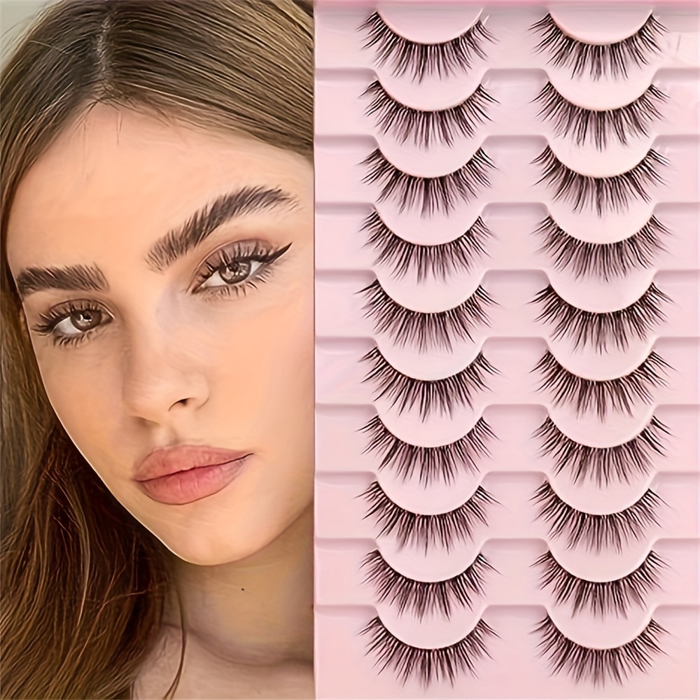 

10 Pairs Natural-looking 14mm False Eyelashes With Clear Band, Reusable Wispy Extension Anime Lashes, Bulk Pack For Cartoon Effect Eye Makeup