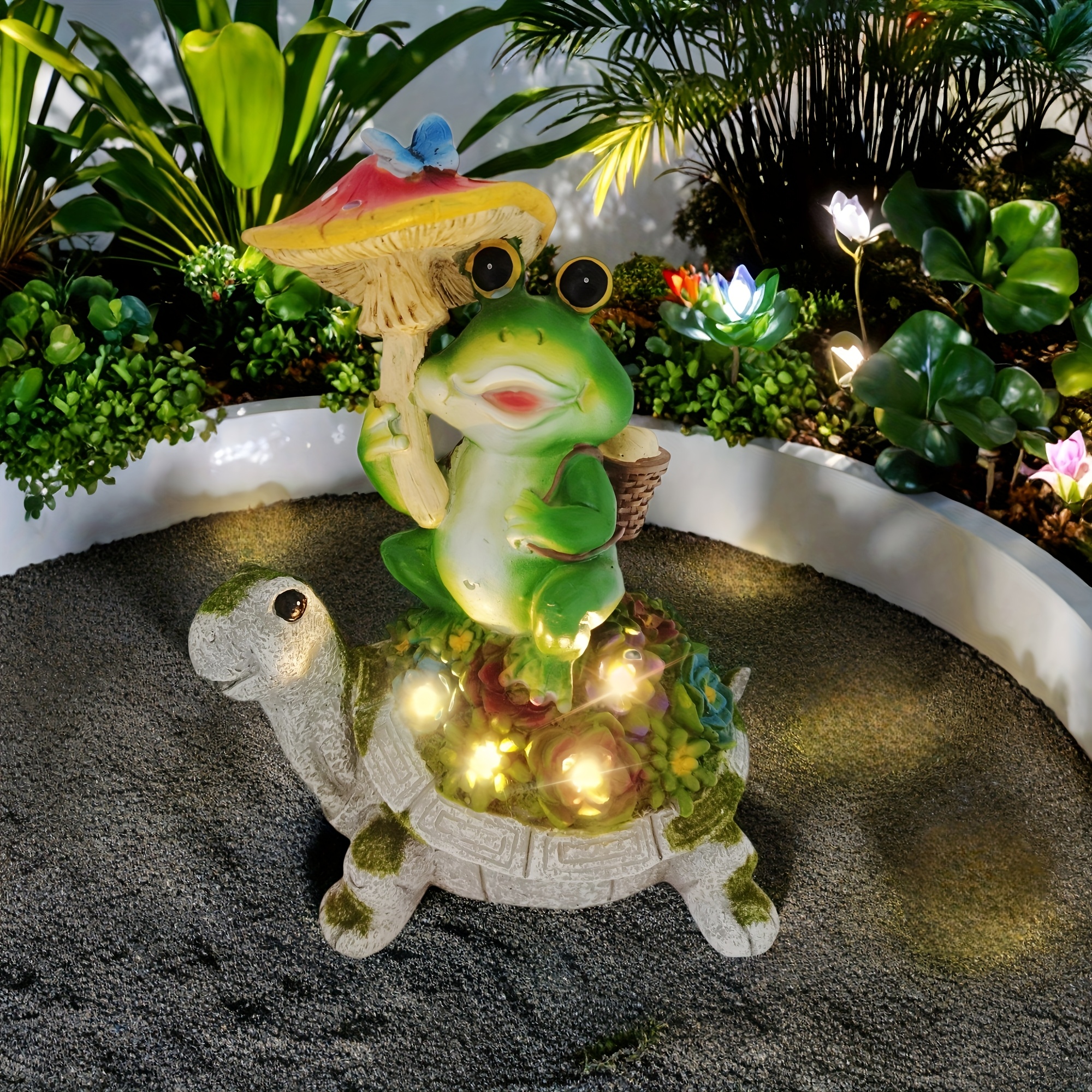 TEMU Solar Frog Turtle Statue With Led Flowers Resin Spring Animal Figurine Light For , Outdoor Garden Decorations Pathway Patio Yard Lights