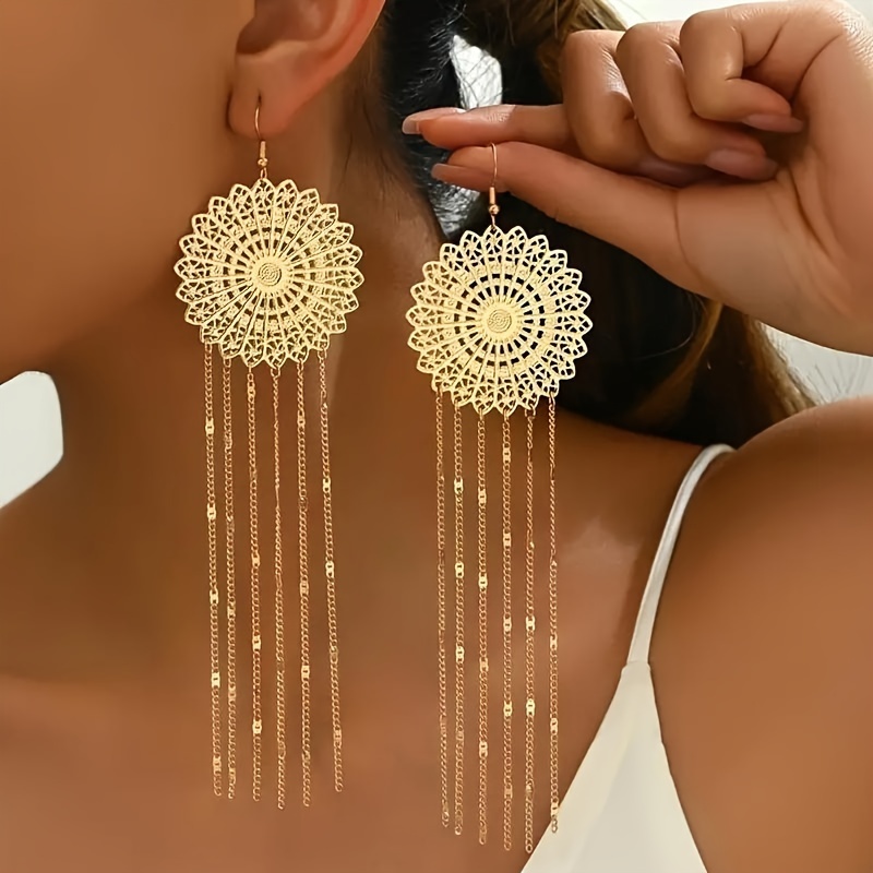 

Elegant Vintage-inspired Tassel Earrings With Round Floral Pattern - Iron Crafted, Perfect For Everyday & Vacation Wear