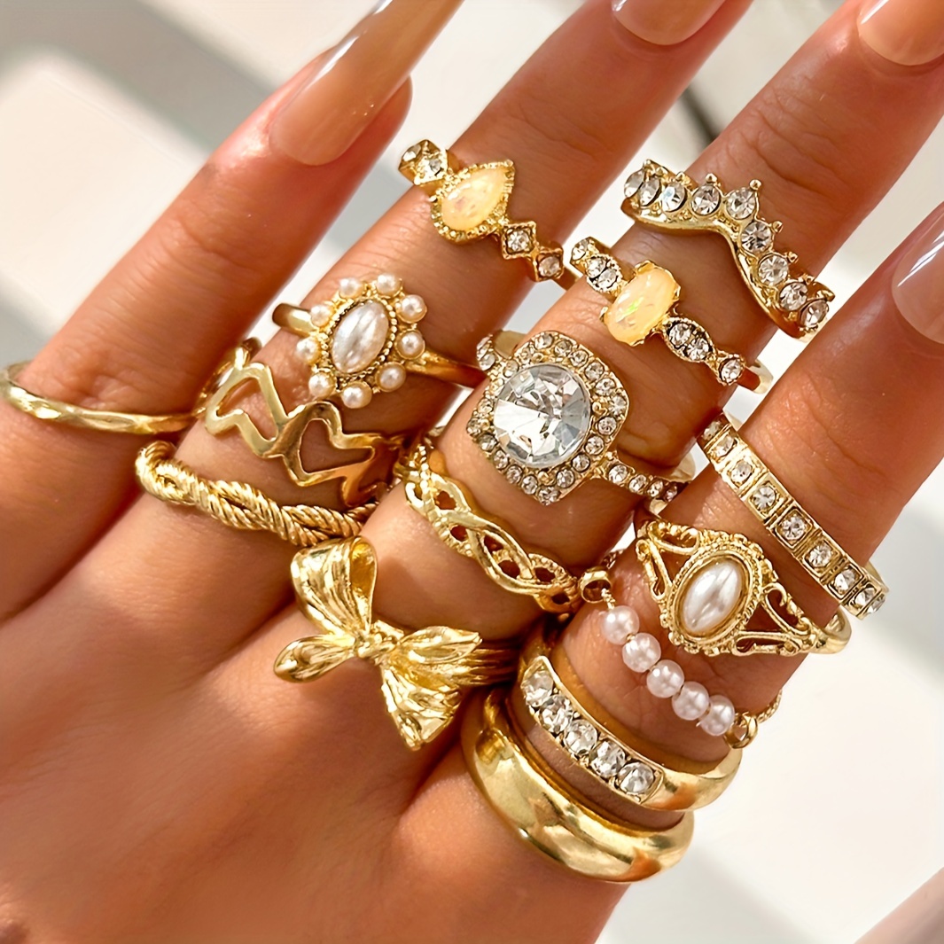 15pcs Alloy Rhinestone Faux Pearl Stackable Ring Set