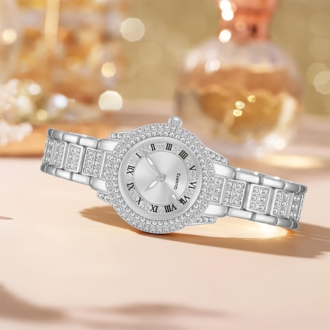 2pcs Watch and Bracelet Set Women Quartz Watch + Heart Bracelet Bling Silver Fashion Silicone Strap Womens Watch Water Diamond Heart  main image 4