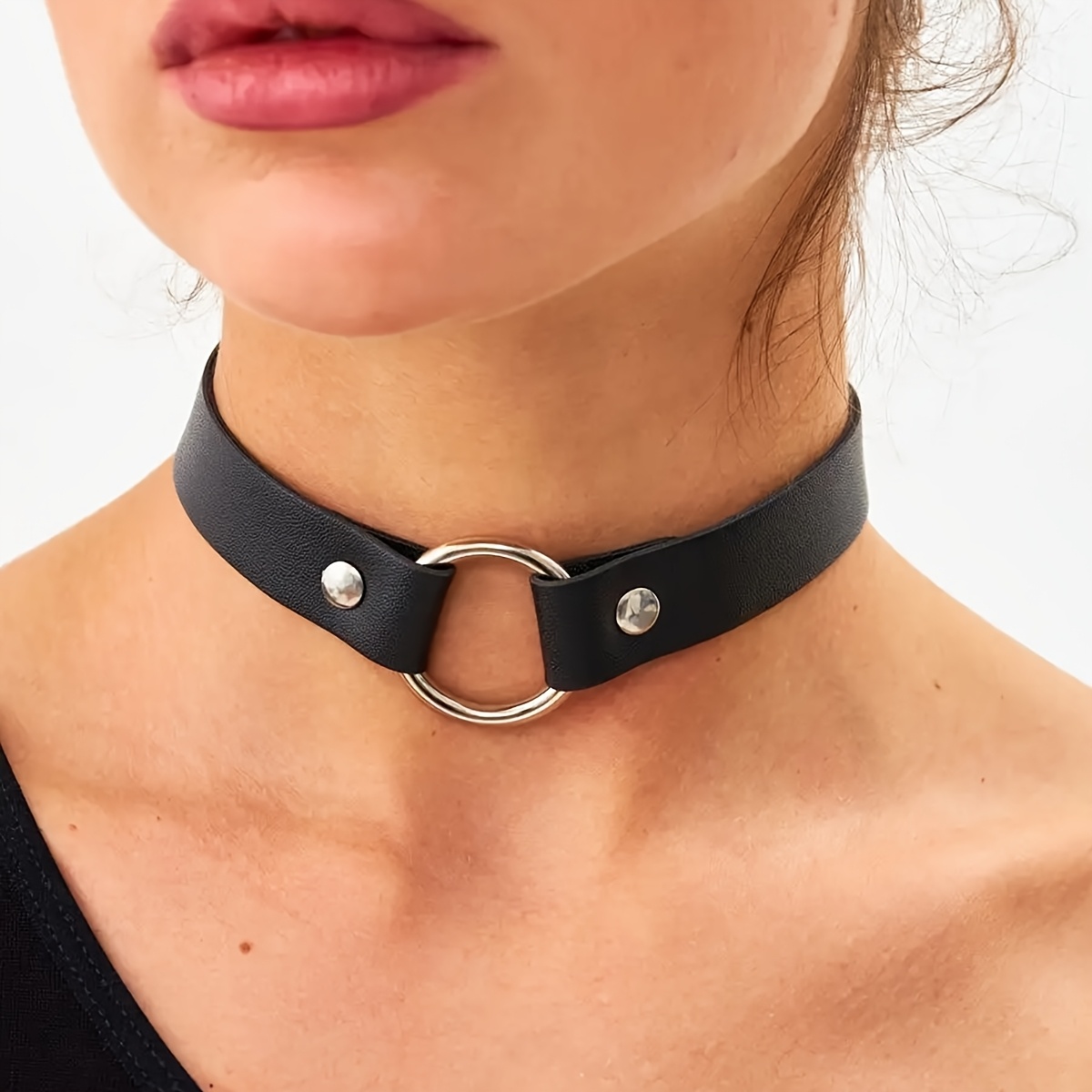 black adjustable   collar vintage faux leather with rivet   and iron  