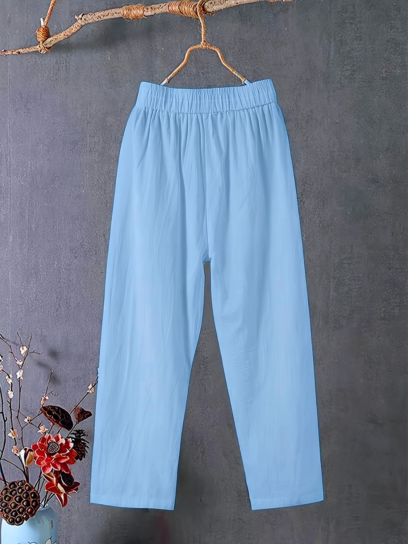 Women's Plus Size Lightweight Straight-Leg Pants - Casual White Harem Style, Elastic Waistband, Polyester, Machine Washable for Spring/Summer/Fall