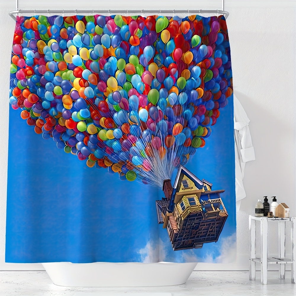 

Ywjhui Adventure-themed Shower Curtain - 1pc Colorful Balloon Flight House Print, Water-resistant Polyester, Machine Washable, Includes Hooks, Woven Knit For All Seasons