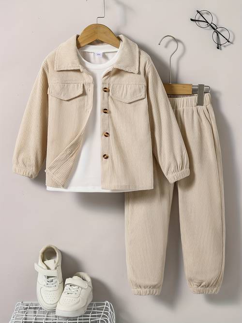 2pcs boys corduroy outfit shirt jacket pants set casual long sleeve top kids clothes for winter flap collar elastic waist outdoor