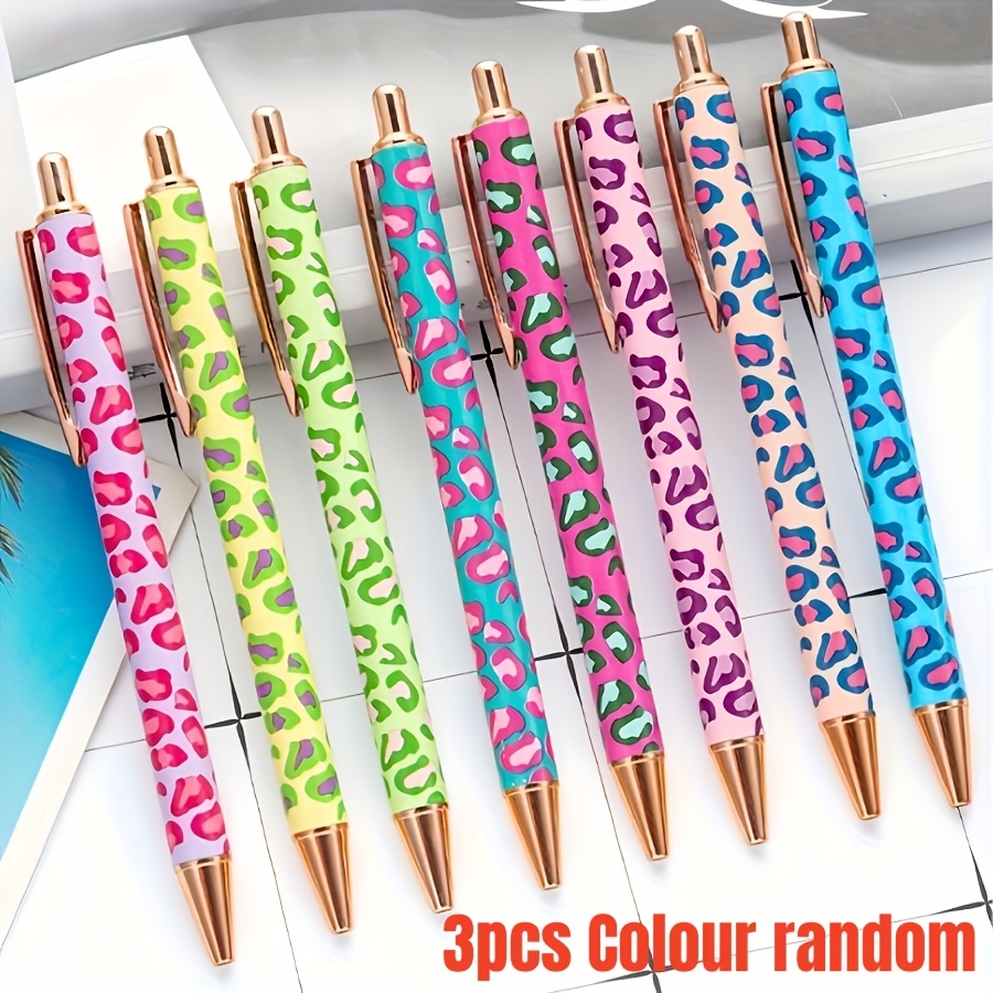 3 Pack Leopard Print Ballpoint Pen-colour Random Adult Mixed Color Fine Tip Metal Pen With Twist Closure, Oval Pen Body, Perfect For Gifts And Office Use