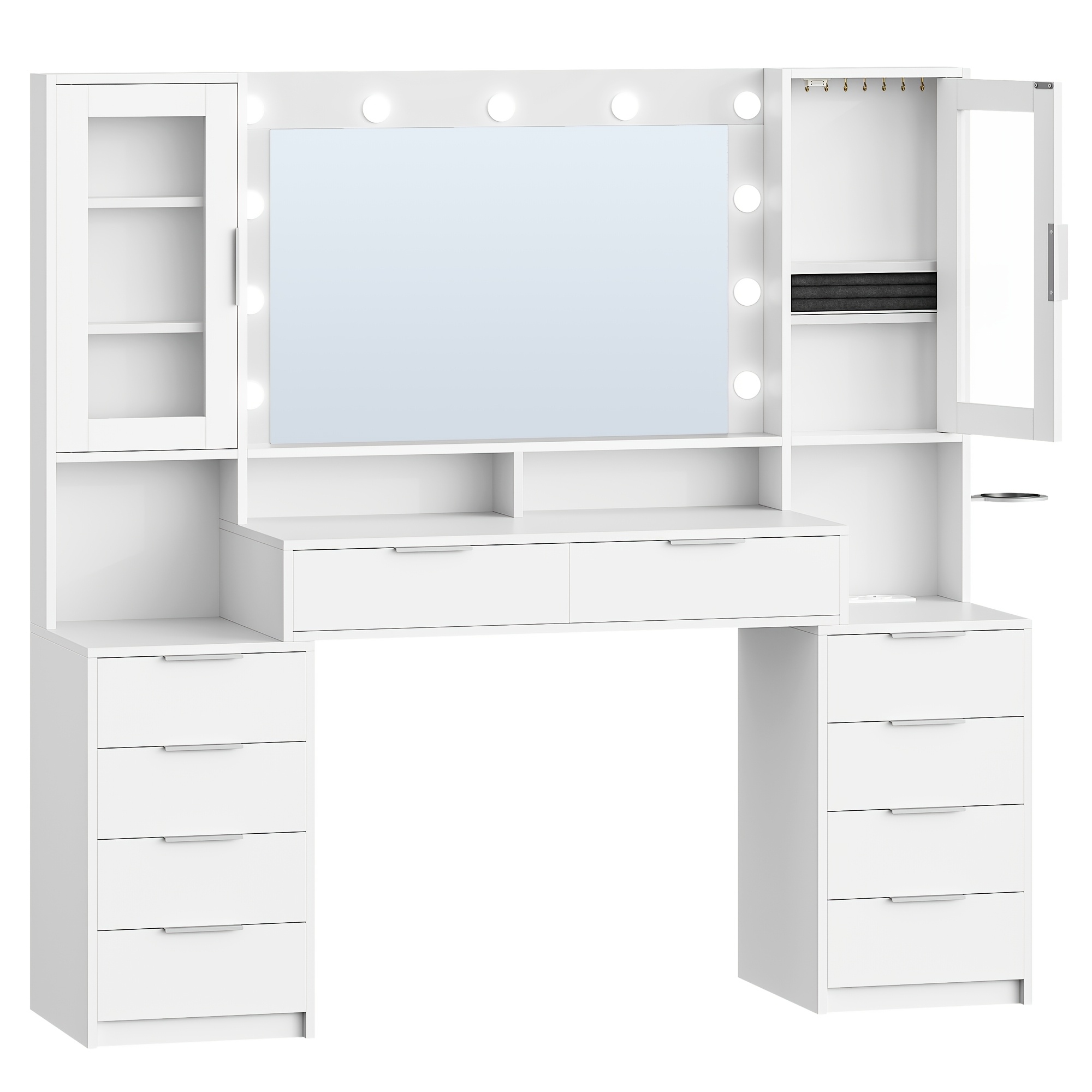 150 Cm Large Vanity Table With Led Lighting And Power Strip, Vanity Table With Mirror, Three-color Light Setting, 10 Drawers, Jewelry Storage, White-silvery