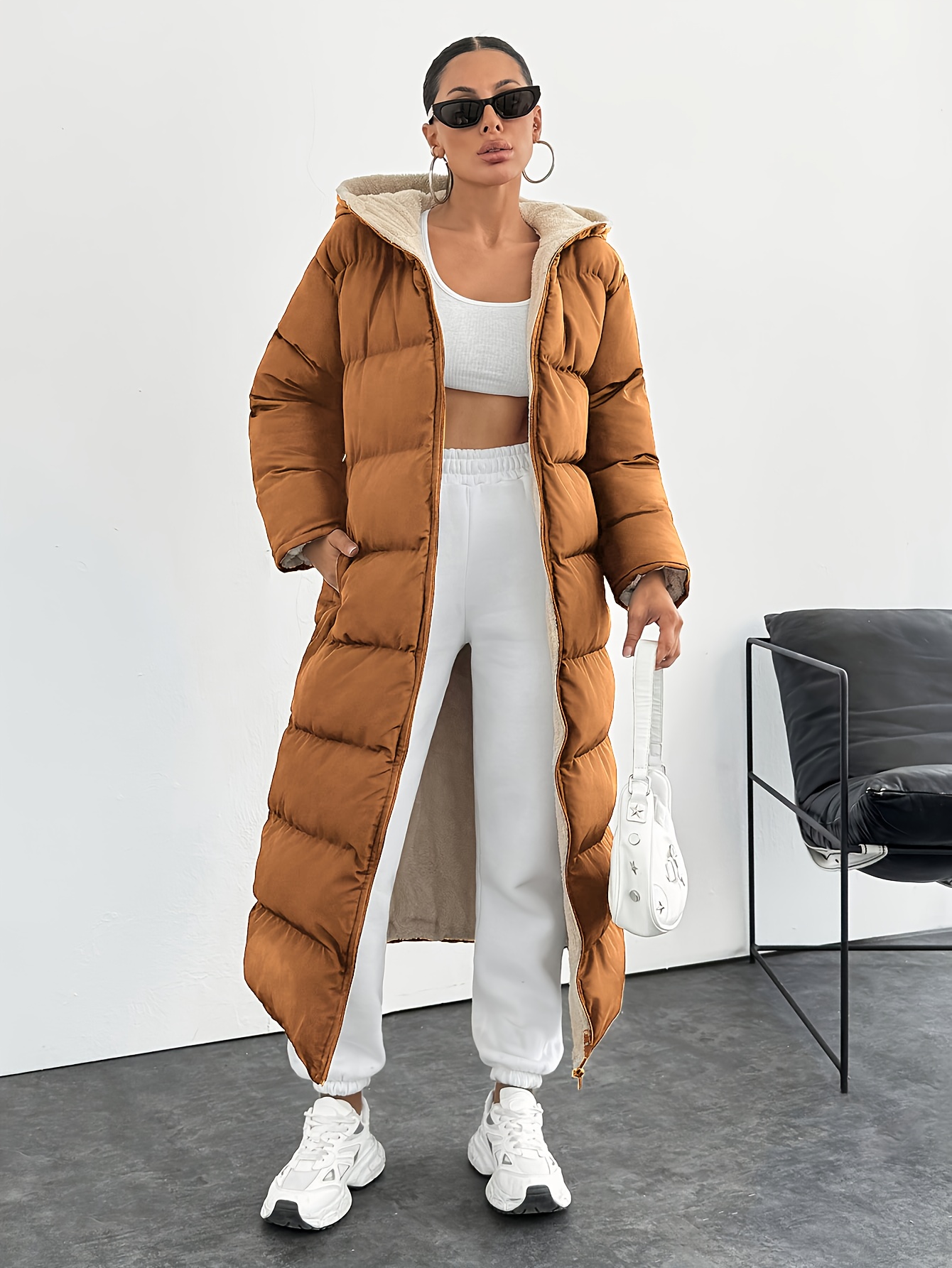 womens elegant long puffer coat black windproof hooded Temu Germany