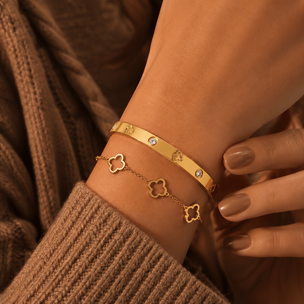 TEMU 2pcs 304l 304l 304l 304l Stainless Steel Unisex Style Bracelet And Bangle Set, 18k Gold Plated Non-fading And Hypoallergenic Fashion Jewelry,