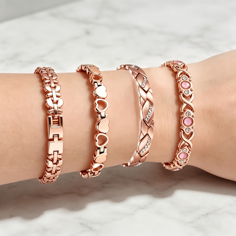 TEMU Rose Golden 4pcs Set Of Copper-plated Magnetic Bracelets With 4 Different Designs, An Exquisite And Versatile Women's Wrist Accessory. Worn
