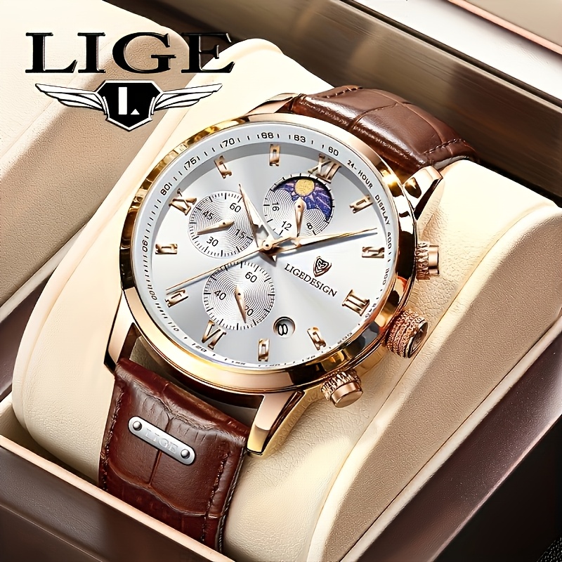 

Men's Luxury Quartz Watch With Brown Leather Strap And Zinc Alloy Dial – Elegant & Casual Wear, Gift