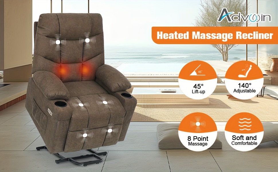 Advwin Manual Adjustment Recliner Chair, Electric Massage Lift Chairs Heated Vibration Massage Motorized Living Room Chair With Side Pocket, USB And Cup Holders, 45-140 Degree Tilt, Brown/Gray/PU Black