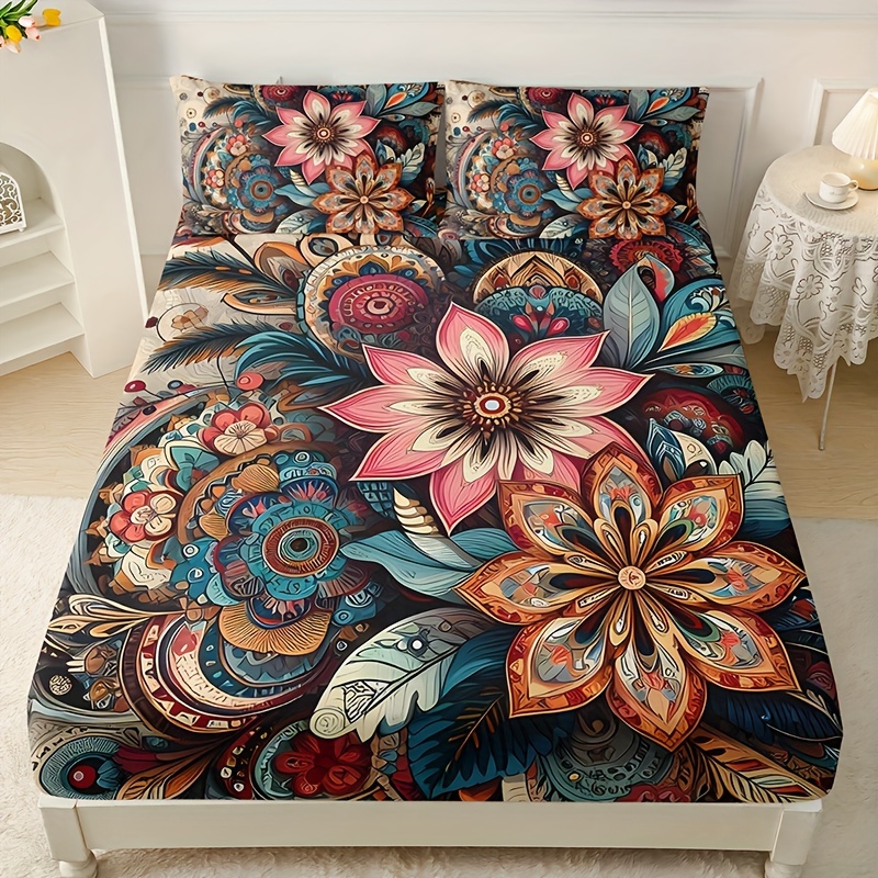 

3pcs Printed Bohemian Mandala Floral Fitted Sheet Set 1 Fitted Sheet + 2 Pillowcases Without Pillow , High- Printing For Home And Dormitory