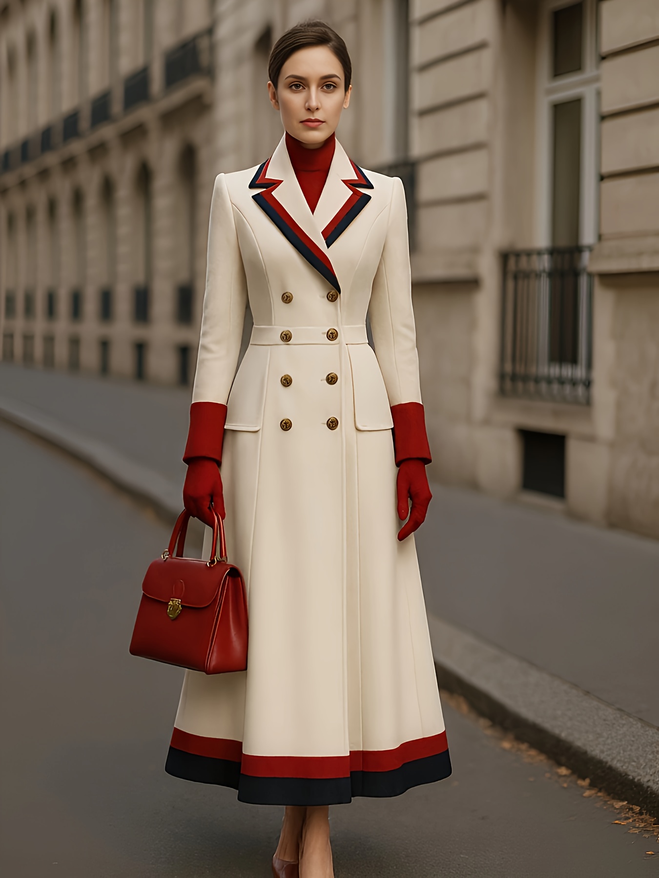 Fashionable French-Style Color-Blocked Long Trench With A Cinched Waist,