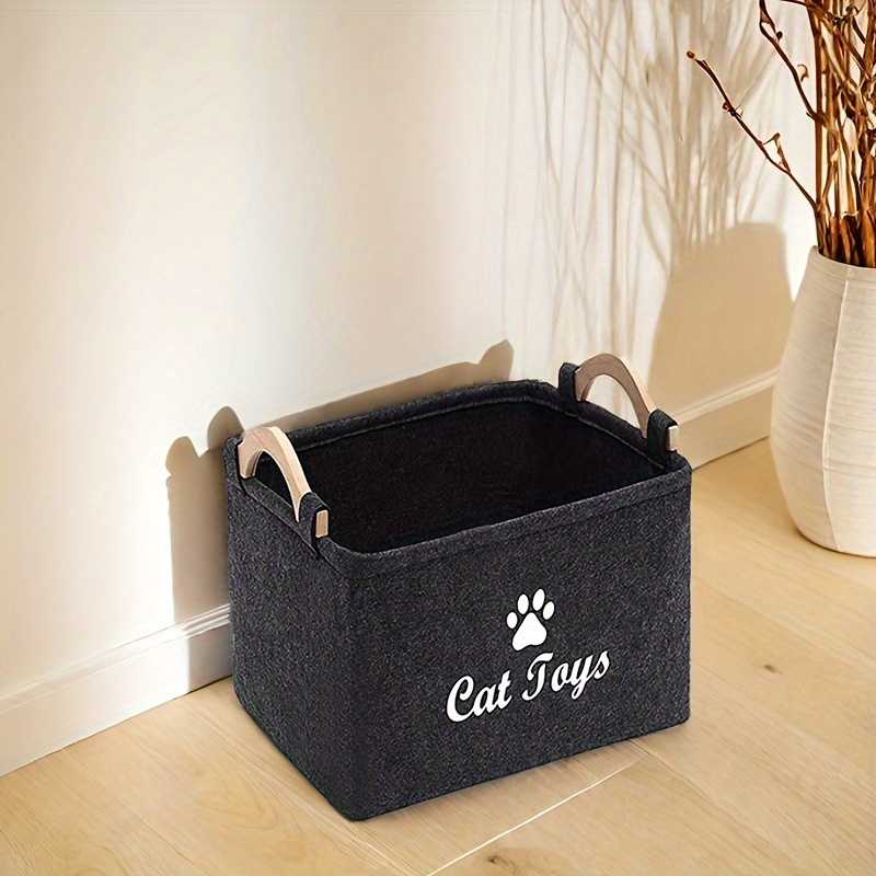 

Foldable Pet Toy Storage Basket For - Polyester With Paw , Wooden Handles, Ideal For Organizing Pet Playthings, Dog Toy Storage Basket