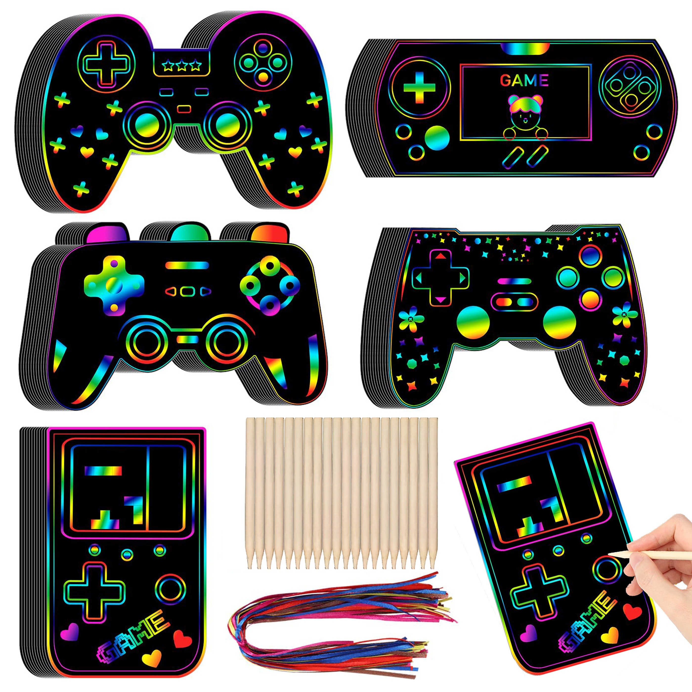 

45-pack Video Game Controller Scratch Art Cards With Ribbons & Stylus, Paper Scratch Crafts Kit For Diy Party Favors, Birthday Ornaments, Classroom Rewards & School Season Gifts