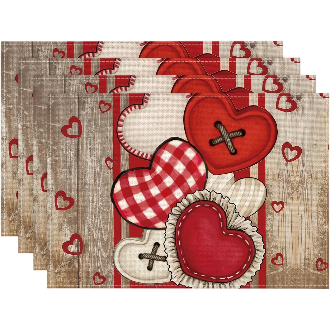 

4/6pcs, Valentine's Day Placemats With Wood Grain Lace Heart Button Pattern Set Of 4.12x18 Inch Wedding Mats For Party Kitchen Catering Decoration