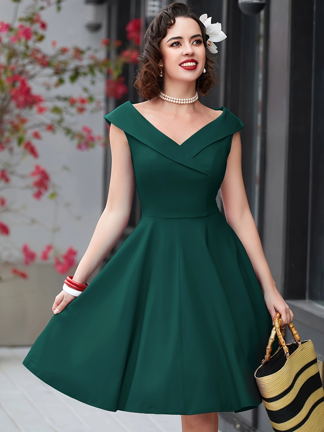 vintage 1950s a line swing dress v neck long sleeve - Temu Germany