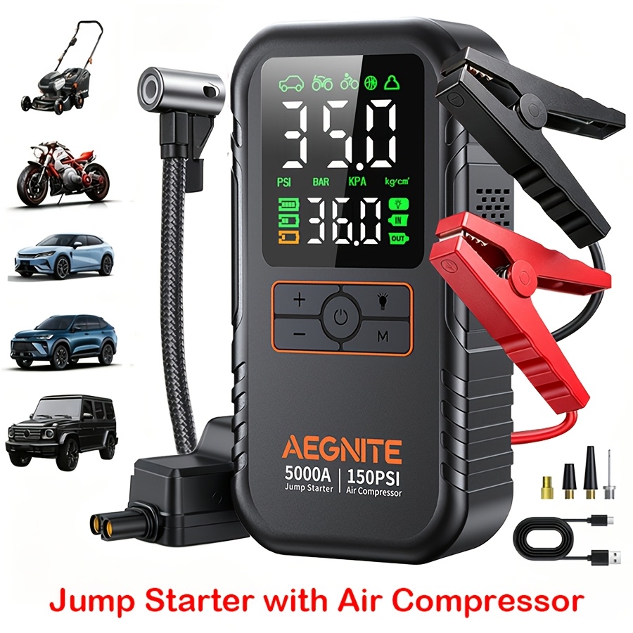 TEMU 7-in-1 Portable Jump Starter With Air Compressor, 150 Psi Air Pump For Car Tires, 5000a Jump Starter For Car (for All Gasoline Or Up To 2.64gal