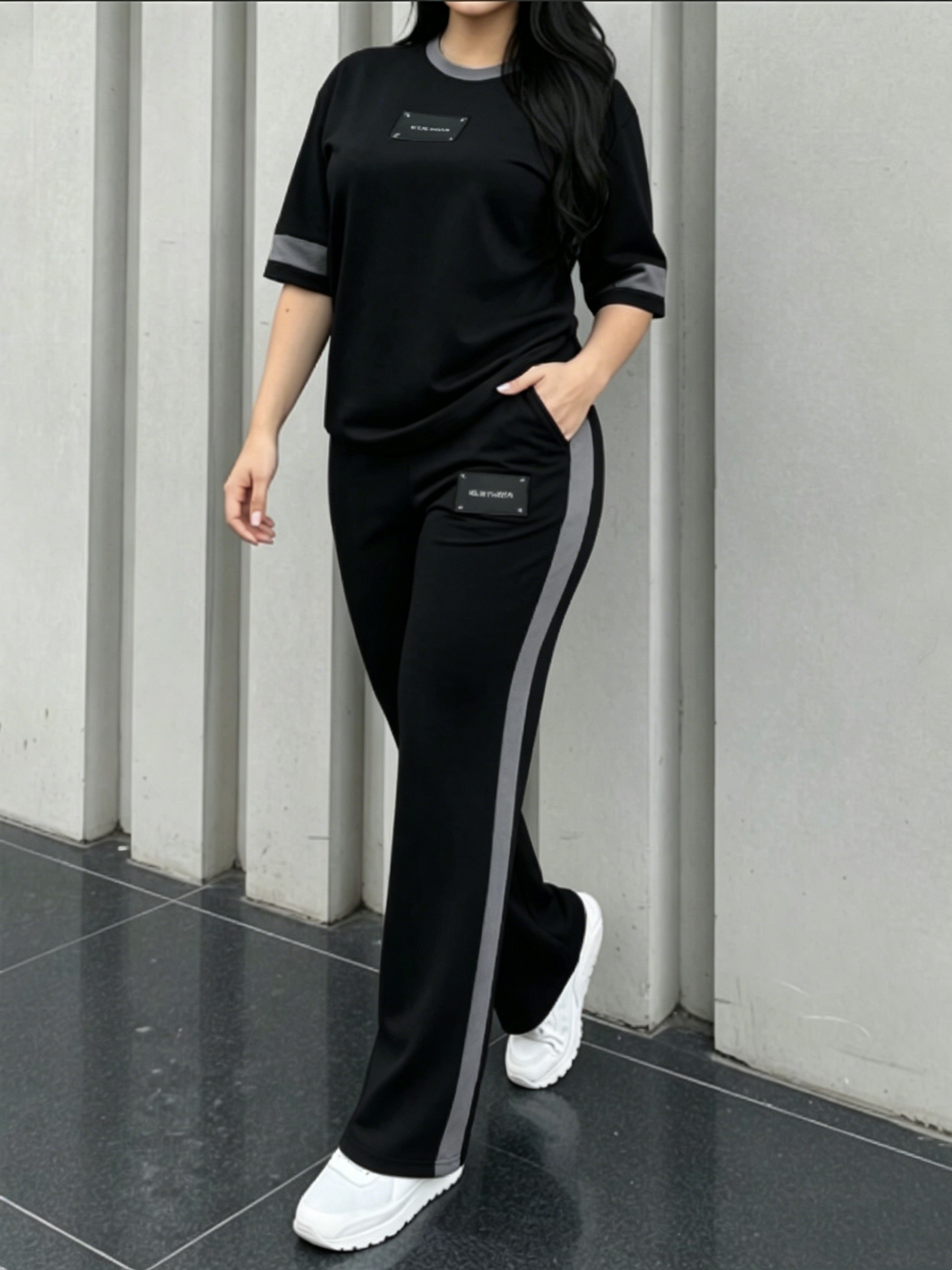 womens new elegant casual round neck short sleeve color block   comfortable t shirt and casual comfortable long pants 2pcs set lldx
