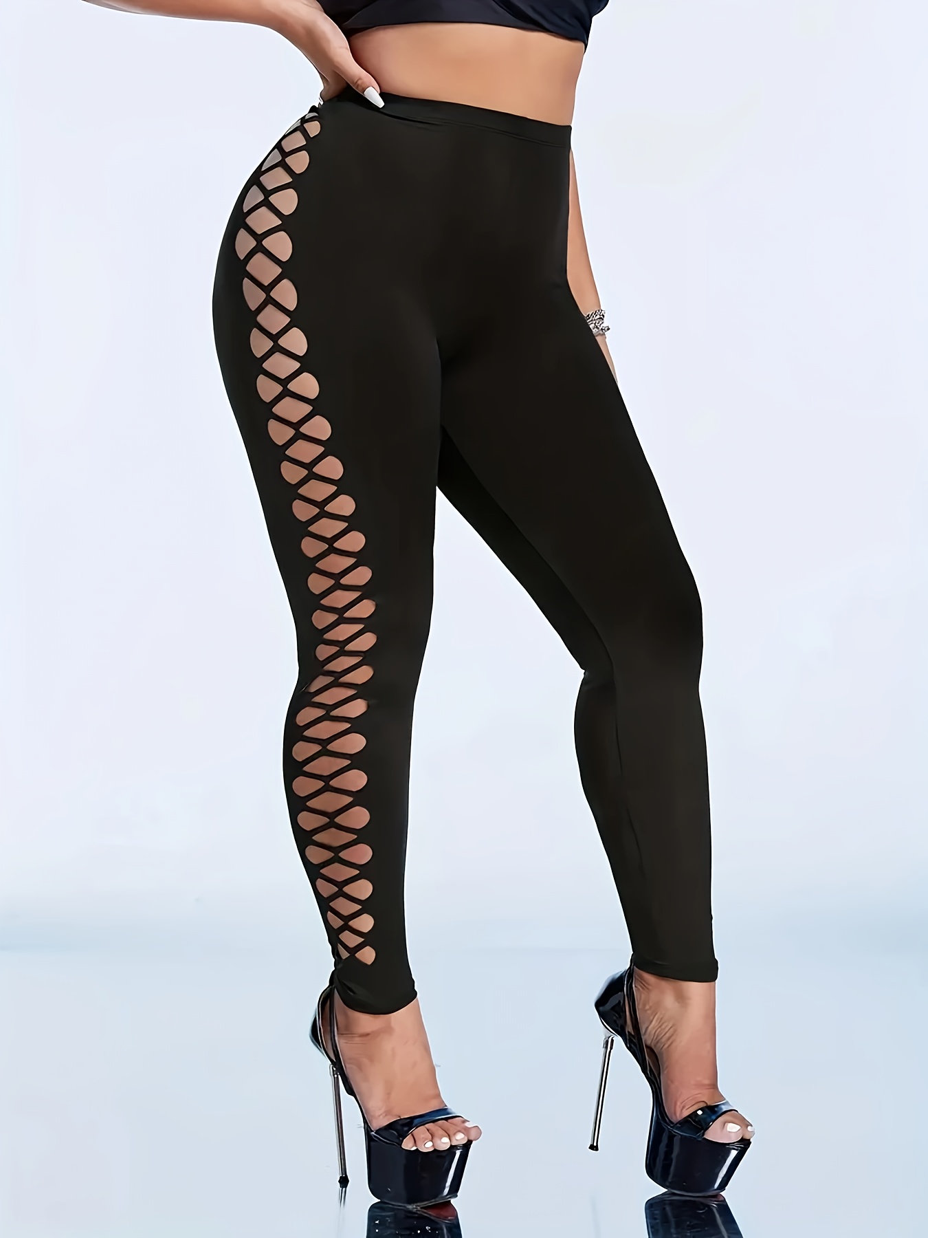 womens black cutout skinny leggings stylish   comfortable stretchy capri tights for casual attire casual wear cutout detail stretchy fabric