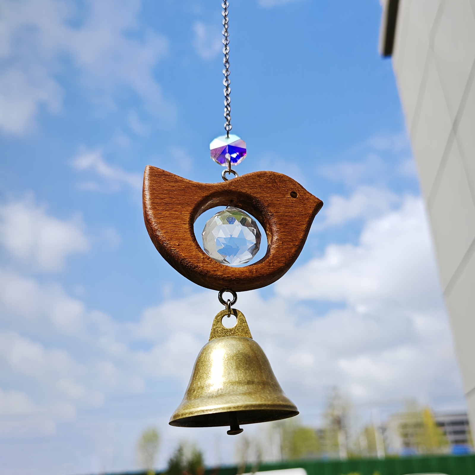 vintage wooden bird wind chime with crystal prism and metal bells hanging suncatcher suitable for garden patio window decoration mothers day fathers day gift indoor outdoor hanging ornament gift box not included