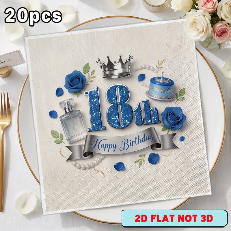 TEMU [2d Flat] 20pcs Blue Glitter 18th Birthday Theme Disposable Double-layer Napkins, Suitable For Birthdays And , Party Props, Halloween, Christmas