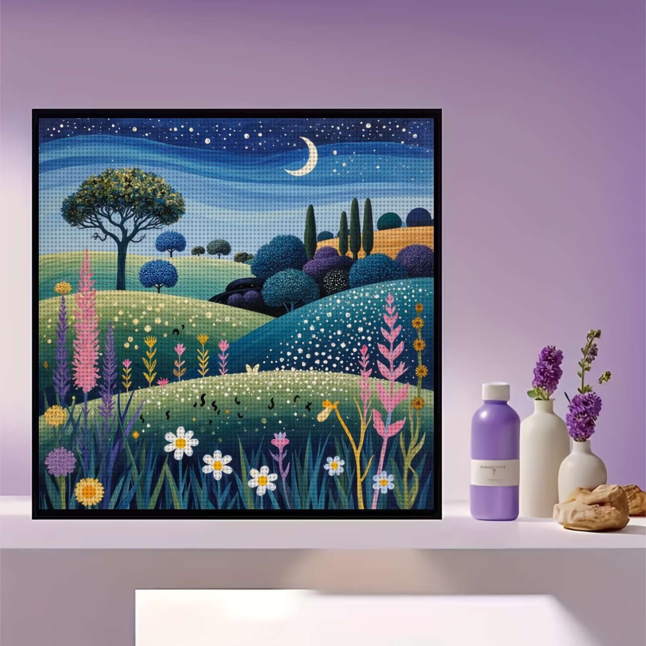 Cross Stitch Printed Kit, Frameless, Starry Night Flower Field Pattern