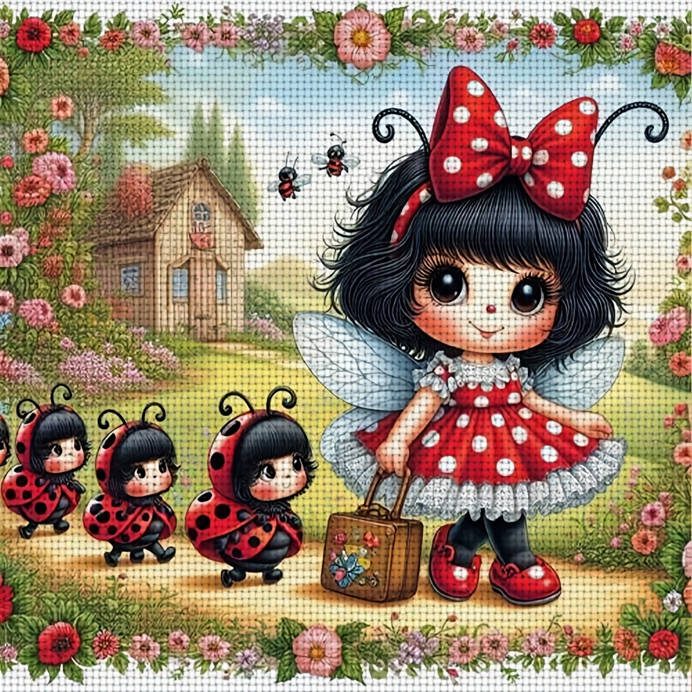 TEMU Un nouveau kit de broderie point de croix cadre représentant "Fille avec un nœud rouge qui suit des coccinelles". Ce kit de broderie de