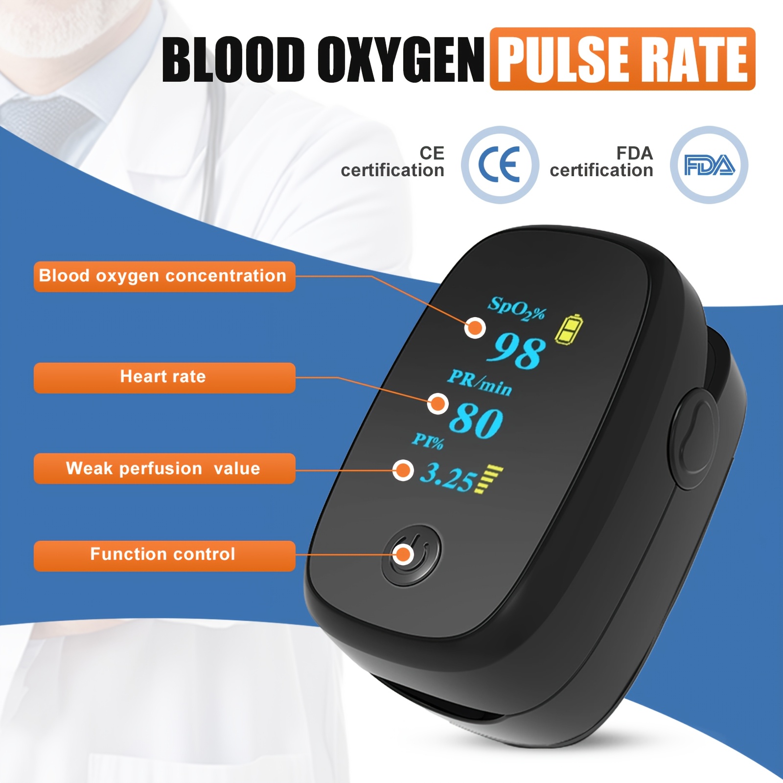 Advanced Fingertip Pulse Oximeter, Blood Oxygen Saturation And Heart Rate Monitor, Large Color OLED Display, Measures Pulse Rate, Blood Oxygen Saturation SpO2, Suitable For Home Care And Sports Scenarios, Battery Included - Image 2