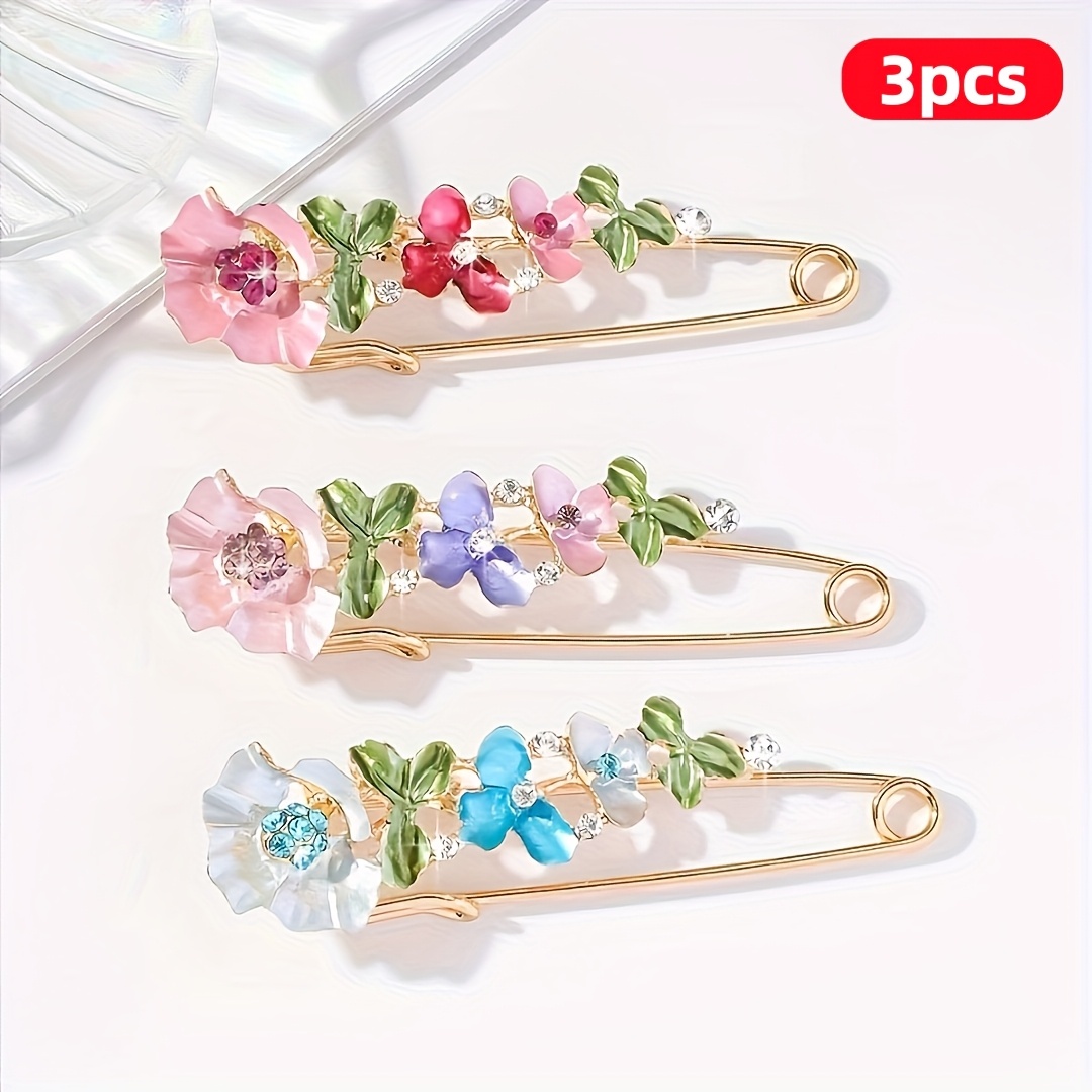 TEMU 3pcs Bohemian Floral Rhinestone Safety Pins – Golden-tone With Enamel Flowers, Sparkling Synthetic Gemstone Accents, Elegant Fashion Accessory
